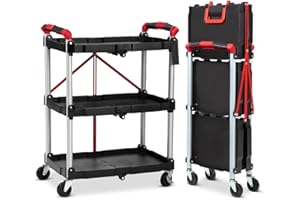 Towallmark Servierwagen klappbar, 3-stufiger tragbarer Wagen/Detaillierung Wagen/Putzwagen mit 2 feststellbaren Rädern, Verwendung für Zuhause/Gewerbe/Büro/Lager, Schwarz, 75KG Tragfähigkeit
