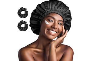 FOLAI Gorro de seda para cabello rizado, noche satén elástico, reconciliar elásticos, apto para mujeres y niñas (negro)