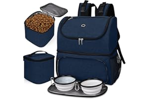 BAGLHER Pet Travel Bag, Double-Layer Pet Supplies Backpack (for All Pet Travel Supplies), Pet Travel Backpack with 2 Silicone Collapsible Bowls and 2 Food Baskets Dark Blue