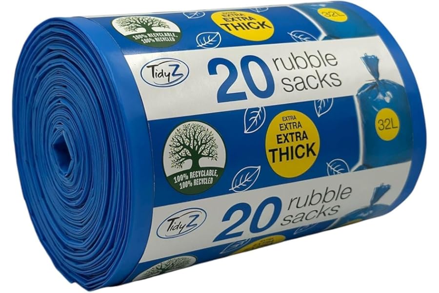 20 TidyZ Heavy-Duty Rubble Sacks. Made from 100% Recycled Plastic. Extra Strong and Thick Builders Bags. For DIY Construction, Building Site Debris, Garden Waste. 32L Blue Waste Bags