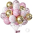 Girls 12th Birthday Balloons Pack of 16Pc,12inch Pink and White Gold Happy 12th Birthday Balloons Printed Latex Party Balloons,Numbers Balloons Decorations for Girls Anniversary Birthday Party Supplie