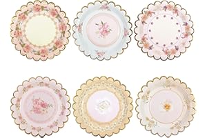 DHAIQC Lot de 48 Assiettes Jetables Florales Vintage 18 cm, Festonnées Assiette Carton Jetable Vaisselle Anniversaire Pour Gâteaux Desserts Anniversaires Baby Showers Mariages Party du thé (Fleurs)