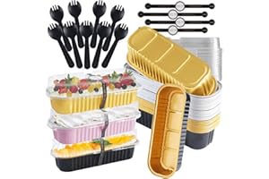 CHEPULA 30Set Mini Loaf Cake Cases 200ML,Mini Loaf Tins with Lids and Spoons Aluminum Foil Baking Pans, Reusable Aluminum Baking Cups for Wedding, Picnic or Birthday (Multicolor)