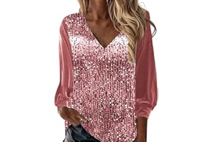 Buetory Sequin Tops for Women Sparkly Long Sleeve Casual Dressy V Neck Holiday Evening Party Shiny Dressy Sparkly Glitter Shirts