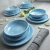 City to Cottage® Set da Tavola da 12 Pezzi per 4 Persone Celeste e Bianco Realizzato e Dipinto a Mano in Ceramica | Fantasia 