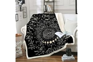 Loussiesd Sonne und Mond gedruckt Decke 150x200cm Boho Exotisches Dekor für Kinder Mädchen Galaxie Astrologie Kuscheldecke Bohemian Stammes Schwarz Wohndecke Flanell Fleecedecke
