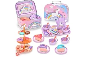 AKBUWAIV Rainbow Horse 33 Piece Tin Play Tea Set for Toddlers - Children's Tea Party Pretend Play Toys with Plates, Teapot, Dessert Toys