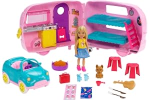 Barbie Club Chelsea Camper Playset with Chelsea Doll, Puppy, Car, Camper, Firepit, Guitar and 10 Accessories, Gift for 3 to 7 Year Olds, FXG90