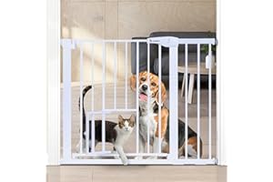 ‎COMOMY COMOMY Türschutzgitter mit Katzenklappe, 75-103cm Treppenschutzgitter ohne Bohren für Hunde und Katzen, Autoclose, Erweiterbar Türgitter Absperrgitter mit 7cm und 14cm Verlängerungen, Weiß
