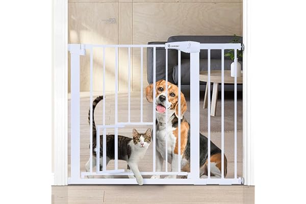 COMOMY Barrière de Sécurité, 75-103cm Barriere Escalier pour Bébé, sans Perçage Barrière à Pression pour Chat et Chiens, Fermeture Auto, Extensible, Métal Blanc