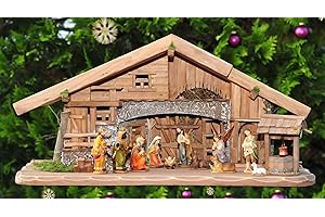BTV Weihnachtskrippe, mit Krippenfiguren, LED + Brunnen + Dekoset, ÖLBAUM-Krippe K60-MF-BRK- Massivholz historisch