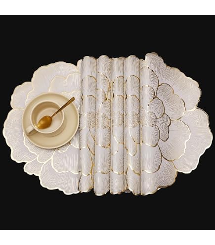 Lot De 6 Sets De Table Ronds Fanquare – Dorés Métallisés, Motif Lotus, 38 Cm, Lavables