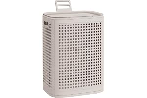 SONGMICS tvättkorg med lock, tvättsamlare i plast, 75 L, smal tvättunna, platsbesparande tvättbox, för badrum, tvättstuga, so