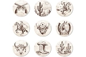 ANATTASOUL 9 Pezzi di Pattern Cowboy Western Sottobicchieri Legno, Sottobicchieri per Bevande,Coaster per Tavolino del Caffè, Decorazione per Cucina e Sala da Pranzo