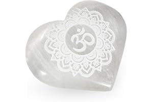 NKlaus Selenita corazón 6 x 7,5 cm con símbolo Om – Piedra energética para meditación, Reiki y curación de chakras, hecho a mano y espiritual, ideal como piedra protectora y decorativa