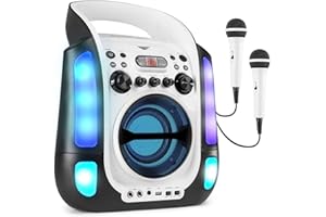 Fenton SBS30W CD Player, Karaoke Anlage mit 2 Mikrofonen, Karaoke Maschine mit Bluetooth, USB mit MP3-Player, LED Lichteffekt und Echo Effekt, Musikbox, CD Spieler für Kinder - Schwarz-Weiß