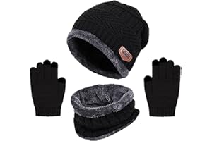 KFNIRE Enfants Bonnet, Écharpe et Gants Ensemble 3PCs Bonnet en Tricot à Doublure Polaire Chaude Cercle D'écharpe Thermique avec Gants à Écran Tactile Pour Garçons Filles
