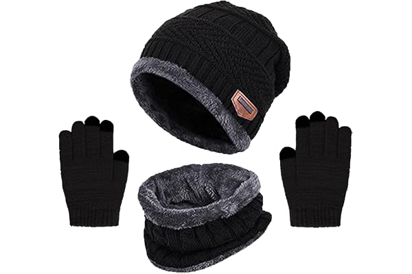 Enfants Bonnet, Écharpe et Gants Ensemble 3PCs Bonnet en Tricot à Doublure Polaire Chaude Cercle D'écharpe Thermique avec Gants à Écran Tactile Pour Garçons Filles