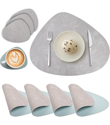Set De 6 Napperons Ronds En Simili Cuir (38cm) + 6 Dessous De Verre (10cm) - Résistants à 100°C - Réversibles & Antidérapants - Bleu/Gris