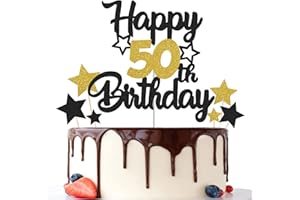 Gidobo 50th Birthday Cake Toppers, Black Gold Glittery Cake Decorations with Stars, Fifty Years Old Birthday Party Supplies for Men and Women