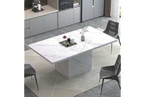 HSH White Faux Marble Dining Table, 160cm Modern Dinner Table for 6 People, Farmhouse Rectangle Kitchen Table for Living Room, Large Wood Dining Room Tables with Strong Pedestal, White Marble, 160cm