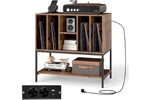 KOMFOTTEU Soporte para Tocadiscos con Estación de Carga, Mueble de Discos de Vinilo con 6 Compartimentos y Estante Abierto, Mesa de Exhibición con Orificio para Cables, 80 x 45 x 79,5 cm (Marrón)