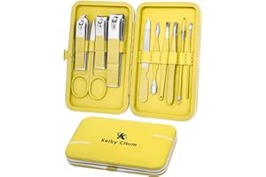KEIBY CITOM Set de Manicura Pedicura Profesional Cortaúñas Acero Inoxidable -10 Piezas para hombres mujeres Manicura con Caja de Cuero (Amarillo)