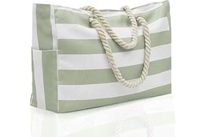 Megcdtr Large Beach Bag, Stripe Tote Bag with Zip, Family Swimming Pool Bag, Waterproof Foldable Handbag Shopping Bag, Suitable for Travel Shopping Beach and Gym(Green)