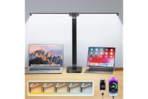 One Fire Lampa biurkowa LED z podwójną głowicą, 10 poziomów jasności + 5 kolorów, lampa biurkowa dla dzieci z wtyczką sieciową, składana lampa stołowa, 45 min timer off lampa dzienna, lampa biurkowa