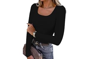 DUOEASE Langarmshirt Damen Basic Slim Fit Einfarbig Top U Ausschnitt Stretch Tshirt Elegant Casual Oberteile Damen