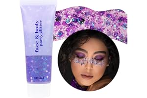 Prreal Gel Glitter per Corpo 50ml, Sequin Liquido per Viso e Corpo, Ombretto Shimmer, Glitter Grosso per Capelli e Unghie, Polvere Cosmetica Olografica per Festival (#Viola)