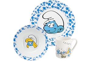 UNITED LABELS Zestaw śniadaniowy dla dzieci Smerfy - zestaw naczyń 3-częściowy porcelanowy talerz, miska i kubek niebieski