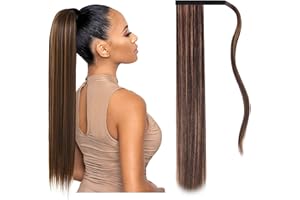 JJstar Postiche Queue de Cheval Extnsion Cheveux 70cm Longue Raides Wrap Around Extension Fausse Queue de Cheval a Clip pour Femmes Fille Rajout Cheveux(Brun foncé/Doré)