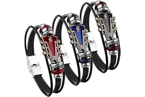 Uoeo 3 Pack Retro Faux Leather Guitar Bracelets Vintage Guitar Men Women Faux Leather Bangle Wristband Punk Guitar Bracelet for Men Handmade Braided Multi-Layer Wrap Bracelet Music Enthusiast Gift