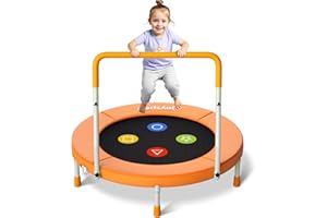 JOY SPOT! 3FT Kids Trampoline with Adjustable Handle, 36” Foldable Mini Trampoline for Ages 1-6, ASTM Certified Indoor Rebounder, Geometric Jumping Mat, No-Gap Silent Elastic Bands, Max Load 100 lbs