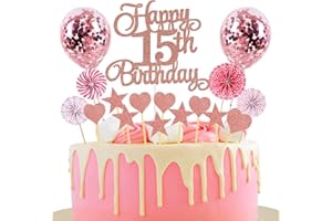 JXUZH Tortendeko 15. Geburtstag Rosegold für Junge und Mädchen - Happy Birthday Glitter Cake Topper, Kuchendeko 15 Jahre, Happy 15th Birthday Kuchen Deko