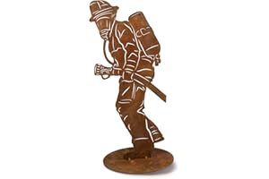 ‎ROSTIKAL Rostikal Feuerwehrmann Figur Rost - 40 cm - Handgefertigte Edelrost Feuerwehr Deko aus Metall - Wetterfeste Gartendeko für Garten, Balkon, Wohnzimmer - Geschenkidee für Feuerwehr-Fans