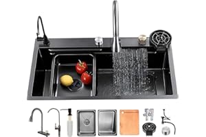 KOOGIMDDR 80×50cm Fregadero Negro Con Cascada, Juego Fregadero de cocina para el lugar de trabajo con Kit de Drenaje Filtro, Fregadero de Cocina de 1 Cubeta,