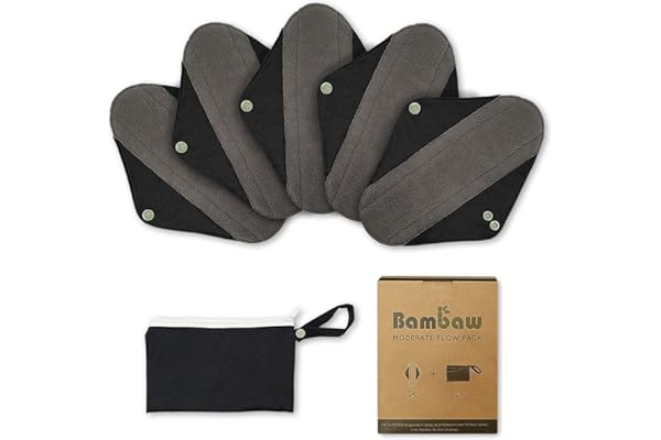 Bambaw Serviette Hygiénique Lavable – 5pcs Avec 1 Pochette Noire, Serviette Hygiénique Lavable Réutilisable, Protection Hygienique Lavable, Serviette Bambou – Pour Moyens Flux