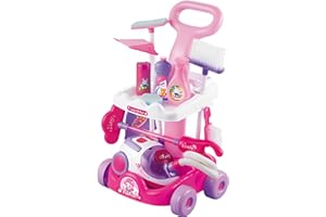 QUICKDRAW Childrens Pink Cleaning Trolley Cart Role Play Toy Set & Working Vacuum Cleaner Pretend Play – Includes Mop Broom Brush Dustpan Bottles & Real Battery-Powered Vacuum