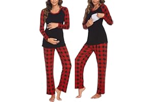 Ekouaer Damen Stillpyjama Lang Umstands Zweiteiliger Schlafanzug Langarm Umstandsmode Winter Krankenhaus Hausanzug für Schwangerschaft S-XXL