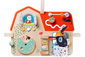 LILLIPUTIENS - Pannello di attività per Neonati - Tema Fattoria - Giocattolo di risveglio in Legno con 8 Giochi sensoriali - Facile da Appendere - Sviluppa la motricità, la Vista e l’udito