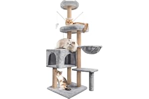 SIMPDIY Kratzbaum, 145 cm Katzenbaum Kletterbaum, Aktivitätskratzbäum Kletterturm mit Sisalsäulen, Katzenspielzeug, Katzen Höhle, Plattformen, Liegemulde für Katzen Kätzchen, Grau