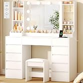 Large Makeup Vanity with Light, Stool and Storage for Jewellery | Makeup Table with Mirror, 10 LED Light Balloons, 3 Colours,