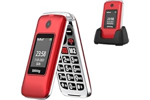 USHINING 3g Téléphone Portable Senior Clapet Débloqué avec Grandes Touches, Téléphone pour Personnes âgées avec Haute Volume Station de Charge Torch Fonction SOS Double Écran (2,8” et 1,77”)-Rouge