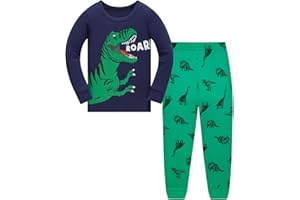 LANGUBABY Pijamas Niño Dinosaurio Algodon Ropa de Dormir Manga Larga Conjunto Pijamas Dos Piezas para Niños 1-12 Años