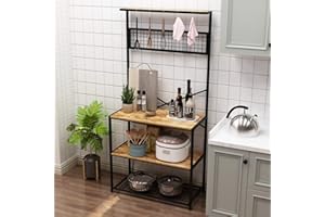 soges Étagère de Boulanger à 4 Niveaux, Support pour Micro-ondes, Étagère Rangement Cuisine Organiseur Utilitaire Cuisine avec Crochets, Marron Rustique