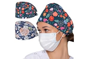 GNHG 2 Stück Arzt Krankenschwester Mütze OP Haube Verstellbar Baumwolldruck Kranken Arbeitskappe Schwesternkappe Unisex Staubhauben Kappe