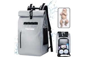 Tonyeee Wasserdicht Wickelrucksack, Lässige Wickeltasche, Rolltop Rucksack mit Flaschenwärmer, Wickelunterlage und Kinderwagenbefestigung - Grau