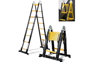 Cecaylie Escalera telescópica Plegable de Aluminio con Ruedas Dobles extraíbles, 5 m (2,5 + 2,5 m) Carga máxima de 150 kg, Color Negro y Amarillo